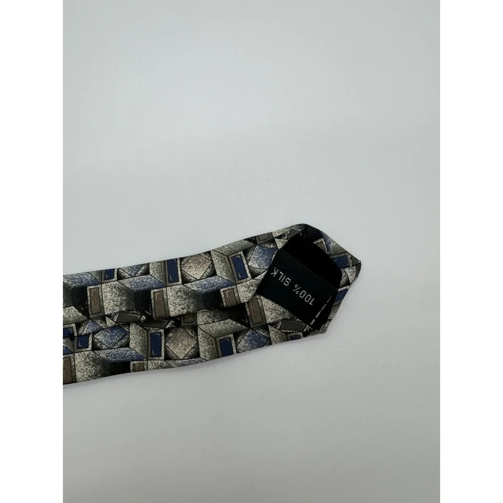 Barrington 100% Silk Tie Geometric Cube Pattern Blue Gray Brown Classic Mens Tie